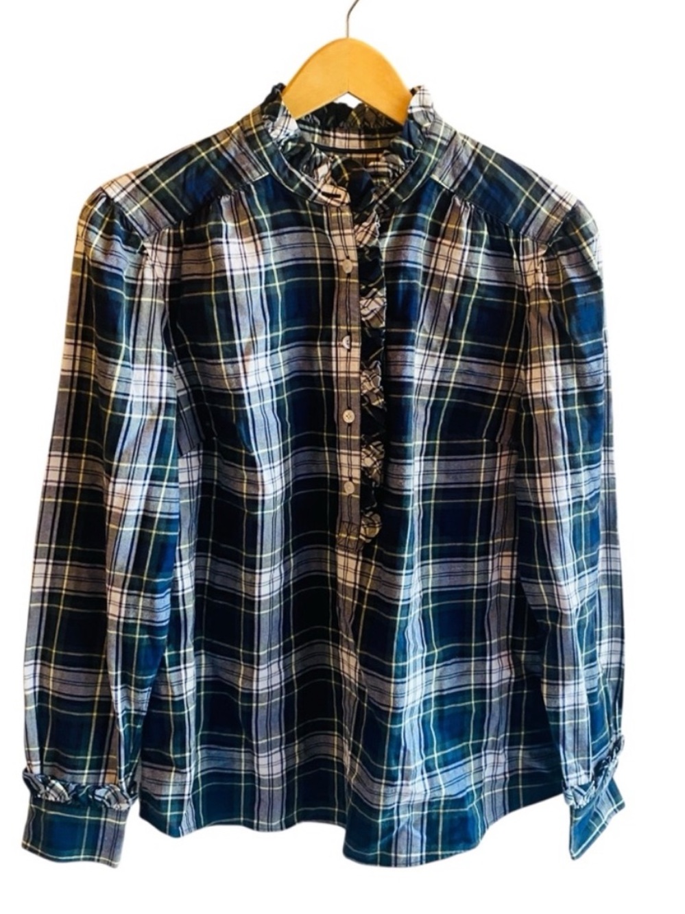 Brooks Brothers Womens Ruffle Blouse 10 Supima Cotton Plaid Preppy Navy Green